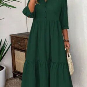 Emerald Green Button Front 3/4 Sleeve Maxi Dress
